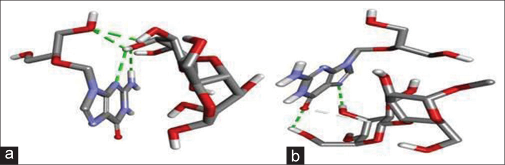 (a) 3D docked pose of ganciclovir (GCV)/lactose (LAC), and (b) GCV/microcrystalline cellulose.