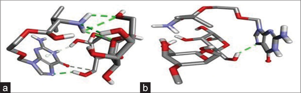 (a) 3D docked pose of valacyclovir hydrochloride (VCH)/lactose and (b) VCH/microcrystalline cellulose.
