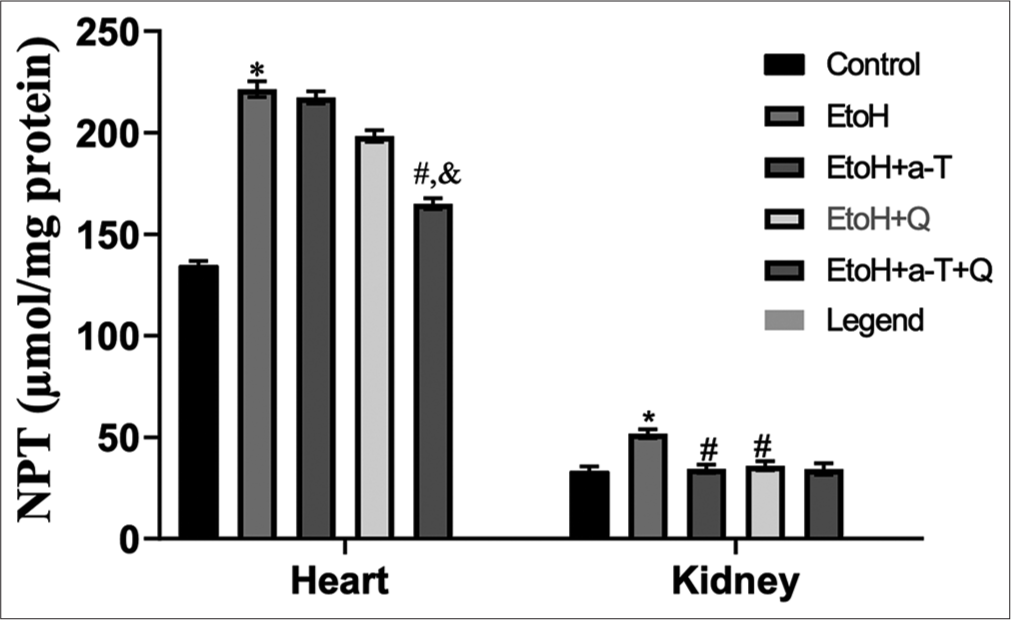 Non-protein thiol (NPT) in cardiac and renal tissues. Superscript (*) indicates significant (P < 0.05) increase compared with control; # indicates significant (P < 0.05) decrease compared with ethanol (EtoH); @ indicates significant (P < 0.05) decrease compared with EtOH+α-T; ‘&’ indicates significant (P < 0.05) decrease compared with EtoH+Q.