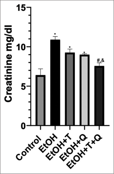 Alcohol-induced changes in creatinine concentration and effects of antioxidants. Superscript (*) indicates significant increase compared with control; Superscript (#) indicates significant decrease compared with ethanol (EtoH); Superscript (&) indicates significant decrease compared with EtoH+Q.